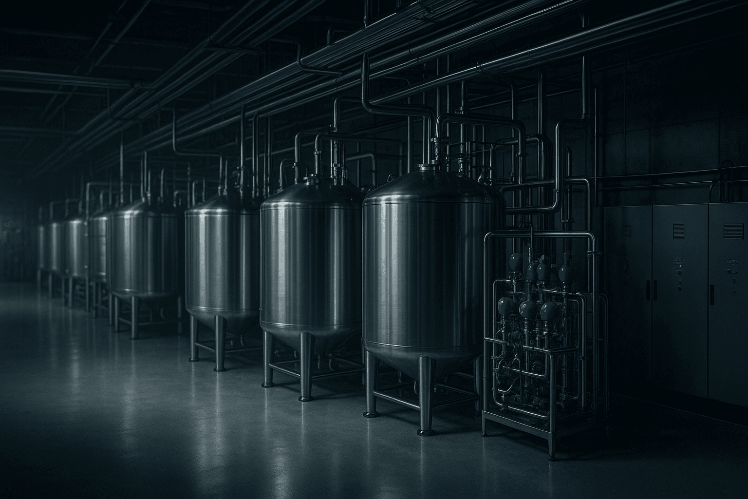 Stainless steel syrup tanks, process piping, and control panels in a beverage plant