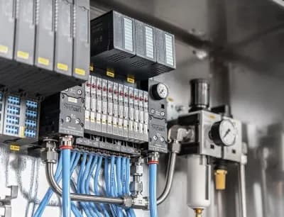 PLC modules and pneumatic controls inside an automation cabinet