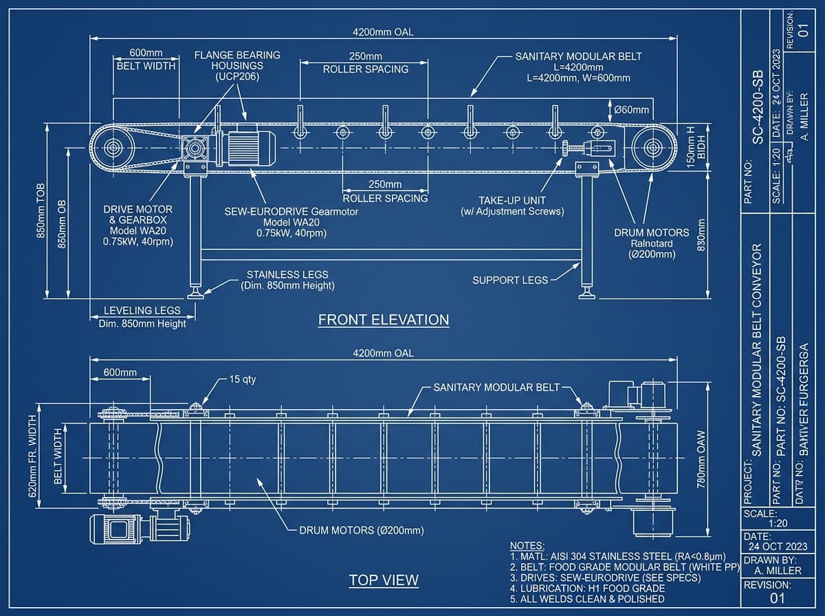 Technical 2D CAD engineering blueprint schematic of conveyor assembly with dimensional callouts