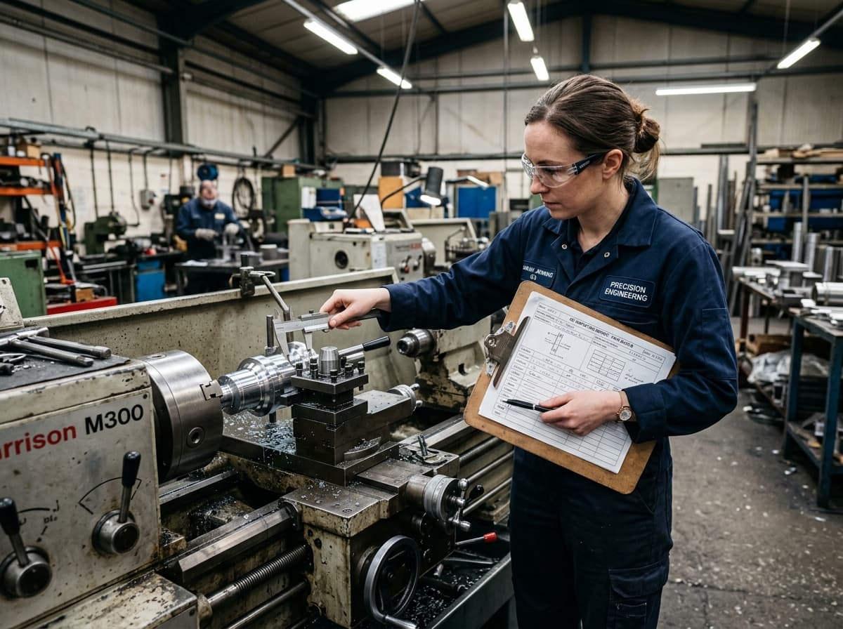Quality assurance inspector with clipboard verifying machined part at lathe