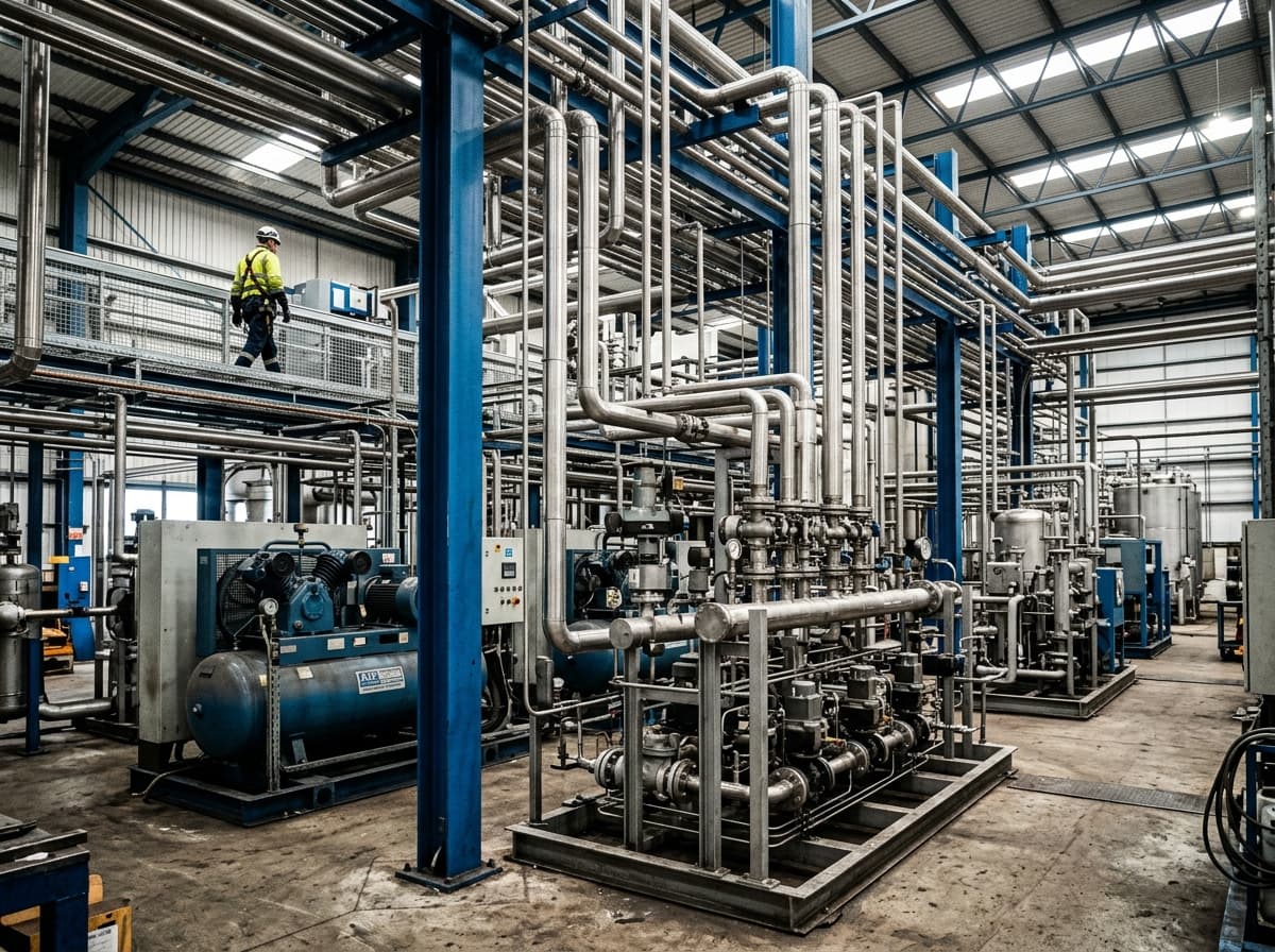 Industrial factory process and utility piping headers with compressor units