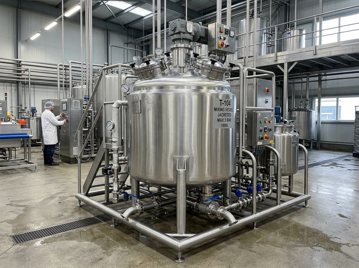 Stainless steel sanitary mixing vessel on fabricated tubular skid frame
