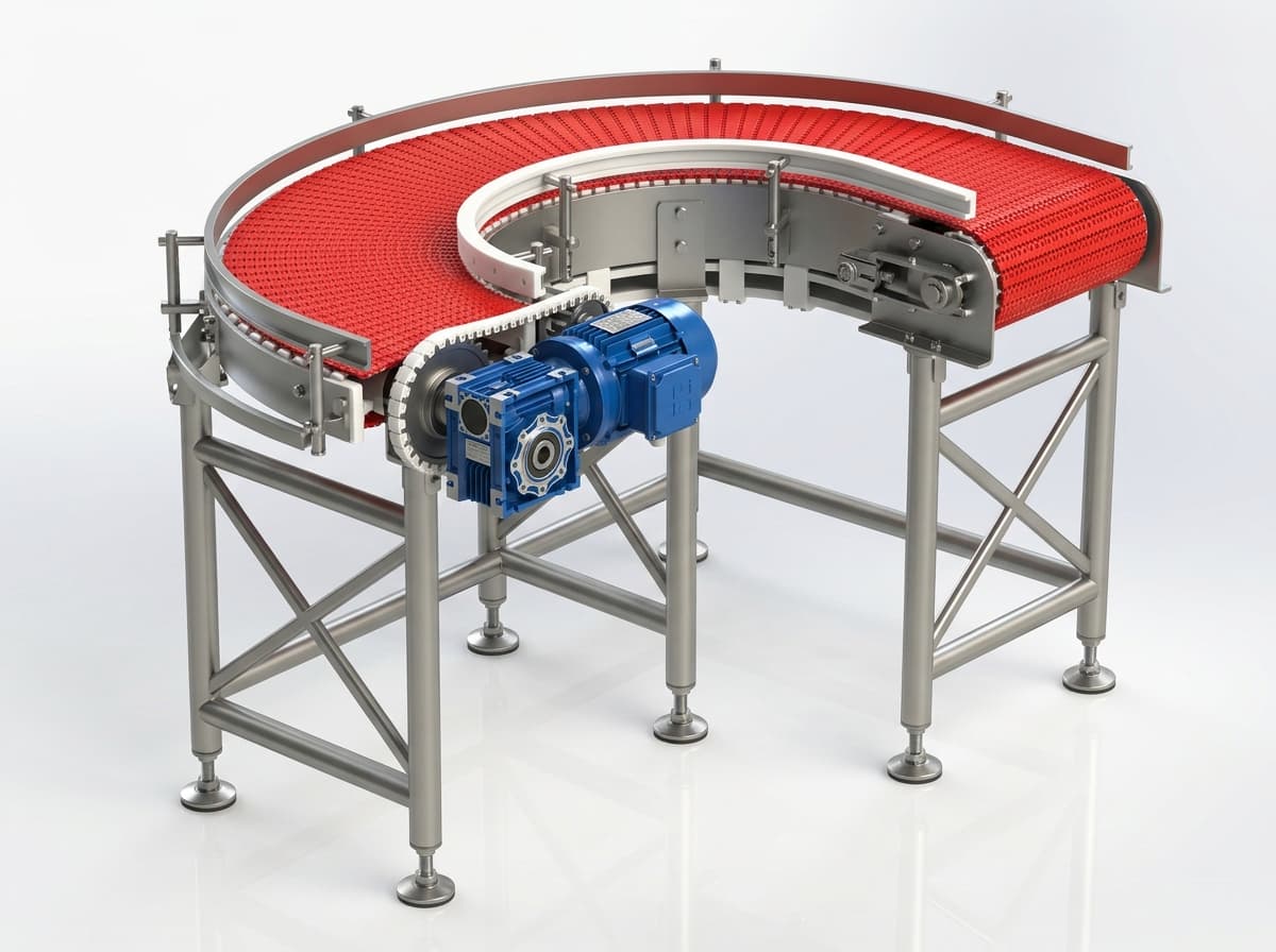 3D CAD product render of curved sanitary modular belt conveyor with gear motor
