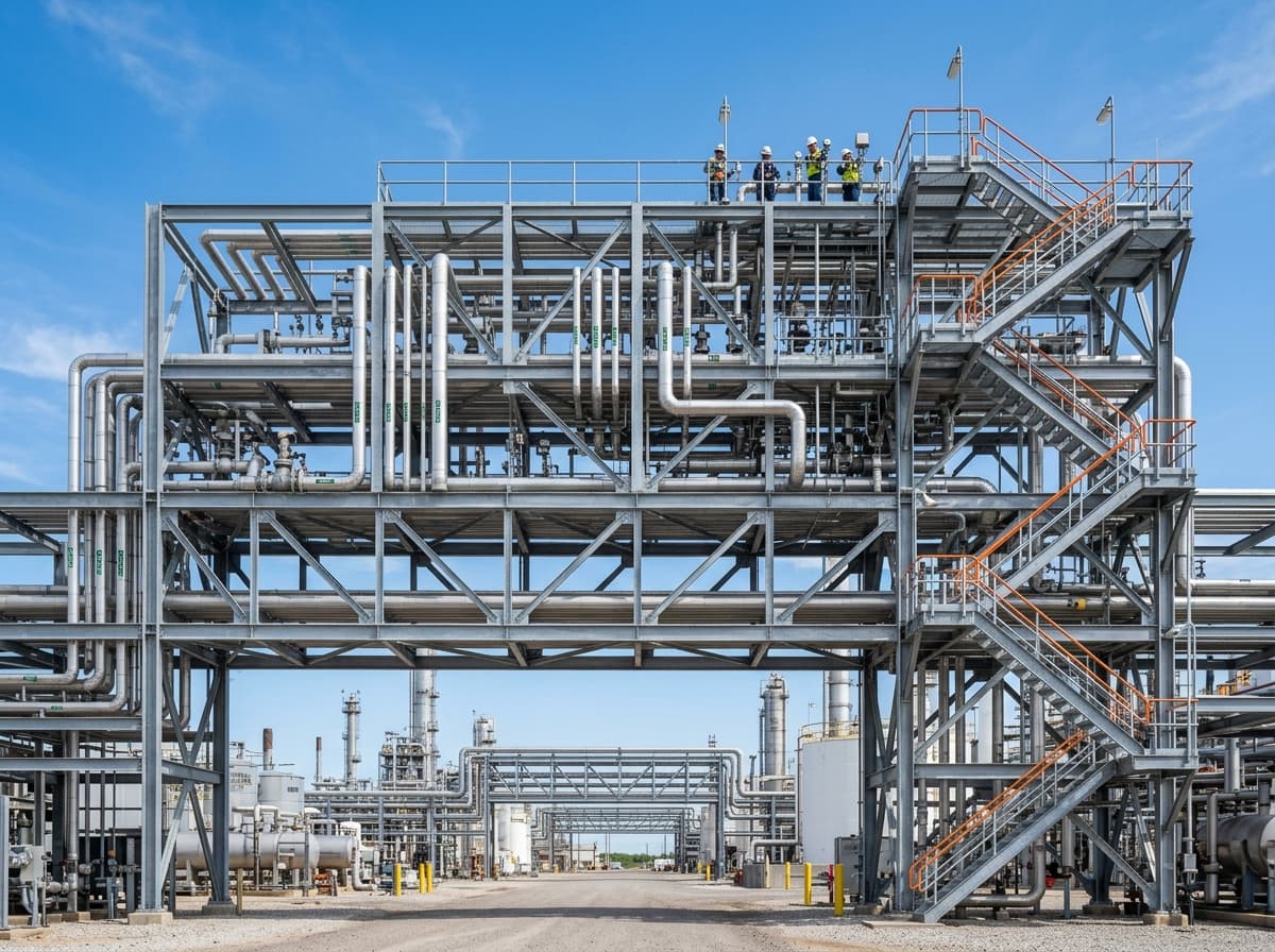 Outdoor multi-tier industrial structural steel pipe rack and access catwalk